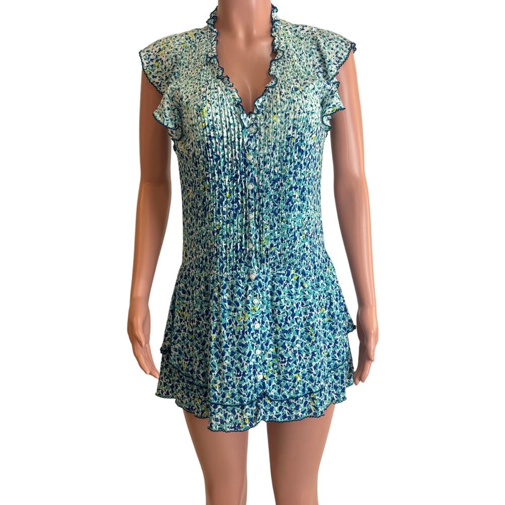 Poupette St Barth Nada Mini Dress S Blue White Print Button Front Flounce Hem